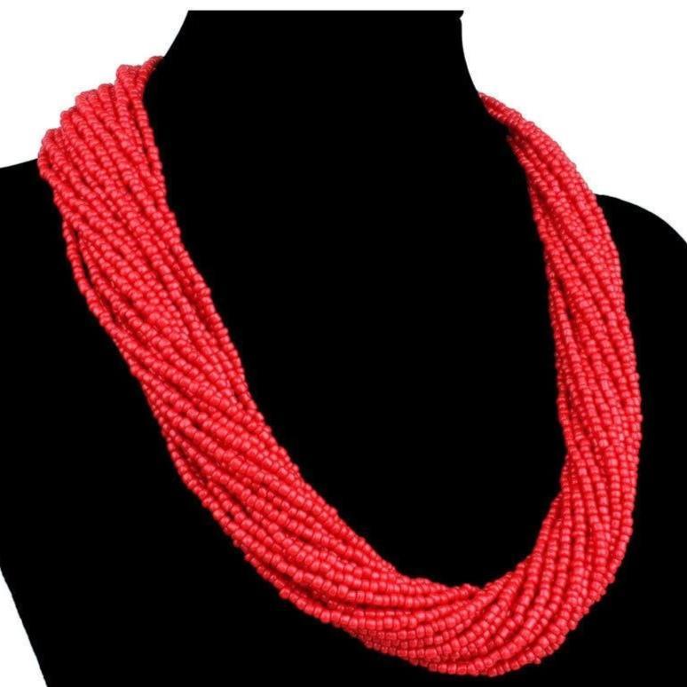 African multi layered Red Beaded Maasai Necklace.
